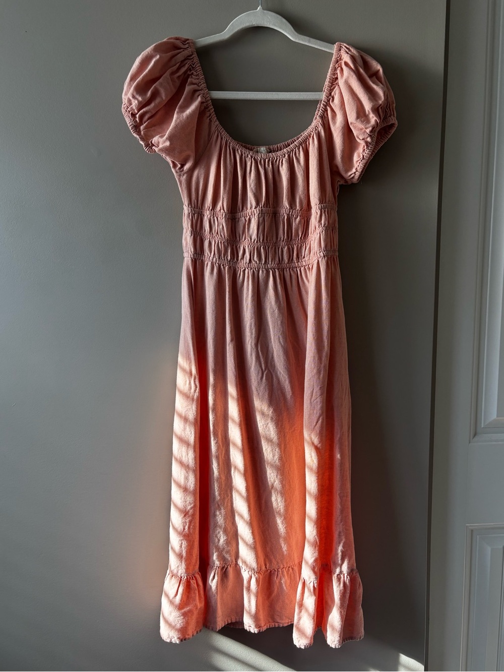 Pink Puff Puff-Sleeve Smocked Midi Dress